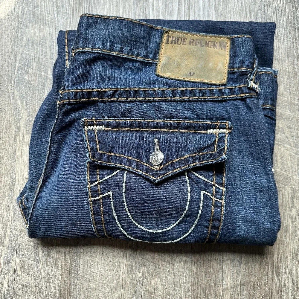 True Religion Jeans Mens 38x32 Blue Ricky Big T Flap Pocket Thick Stitch Y2K Mb3
